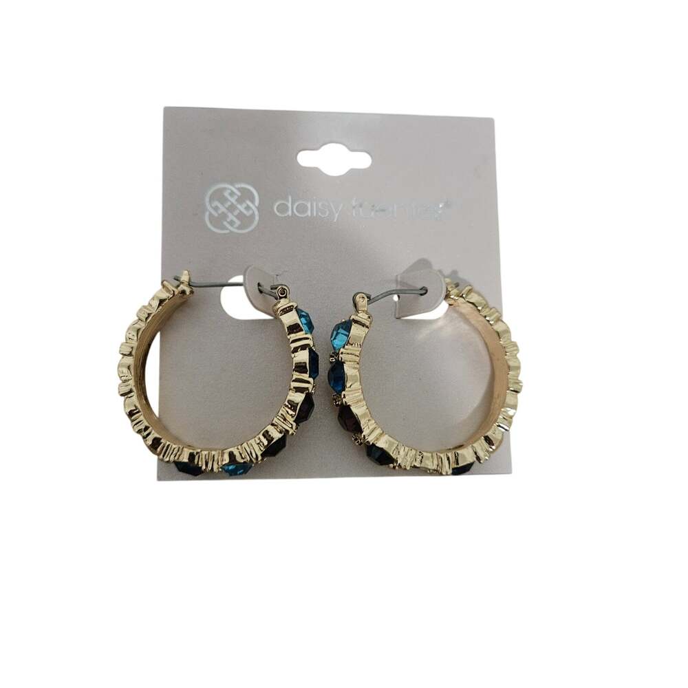 Daisy Fuentes Gold Tone Multicolor Rhinestone Hoop Earrings Statement
